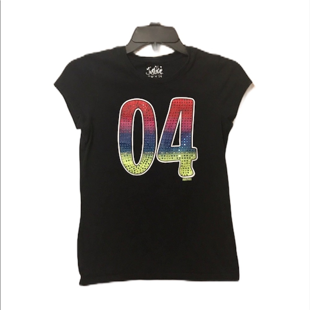 Justice Girl’s Black Graphic “04” Rhinestones T-Shirt Size 14 EUC